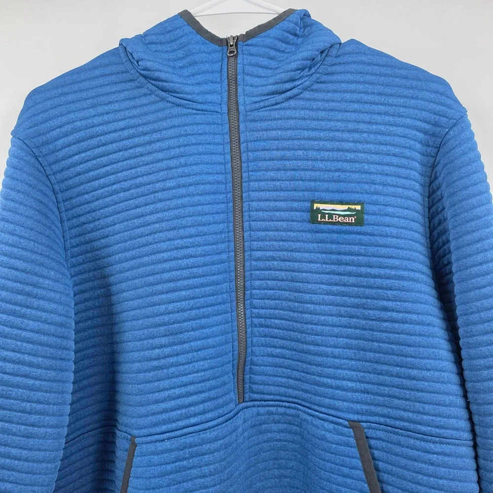 LL BEAN RIBBED 1/4 ZIP HOODIE SWEATSHIRT MENS MEDIUM SLIGHTLY FITTED BLUE FLEECE